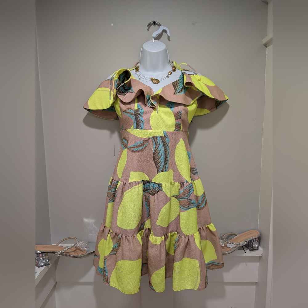 Bold Leaf Print Dress with Ruffle Accents